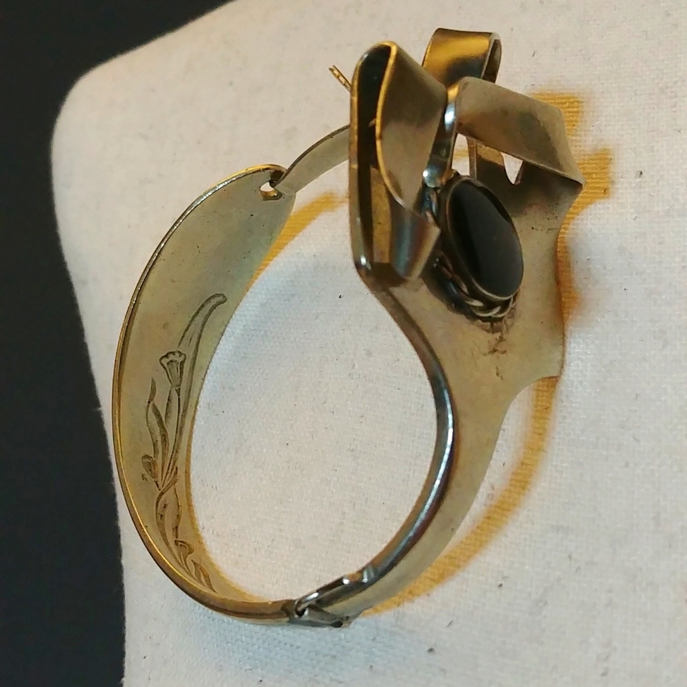 Handmade Fork Hinged Bracelet With Black Faux Stone Detail